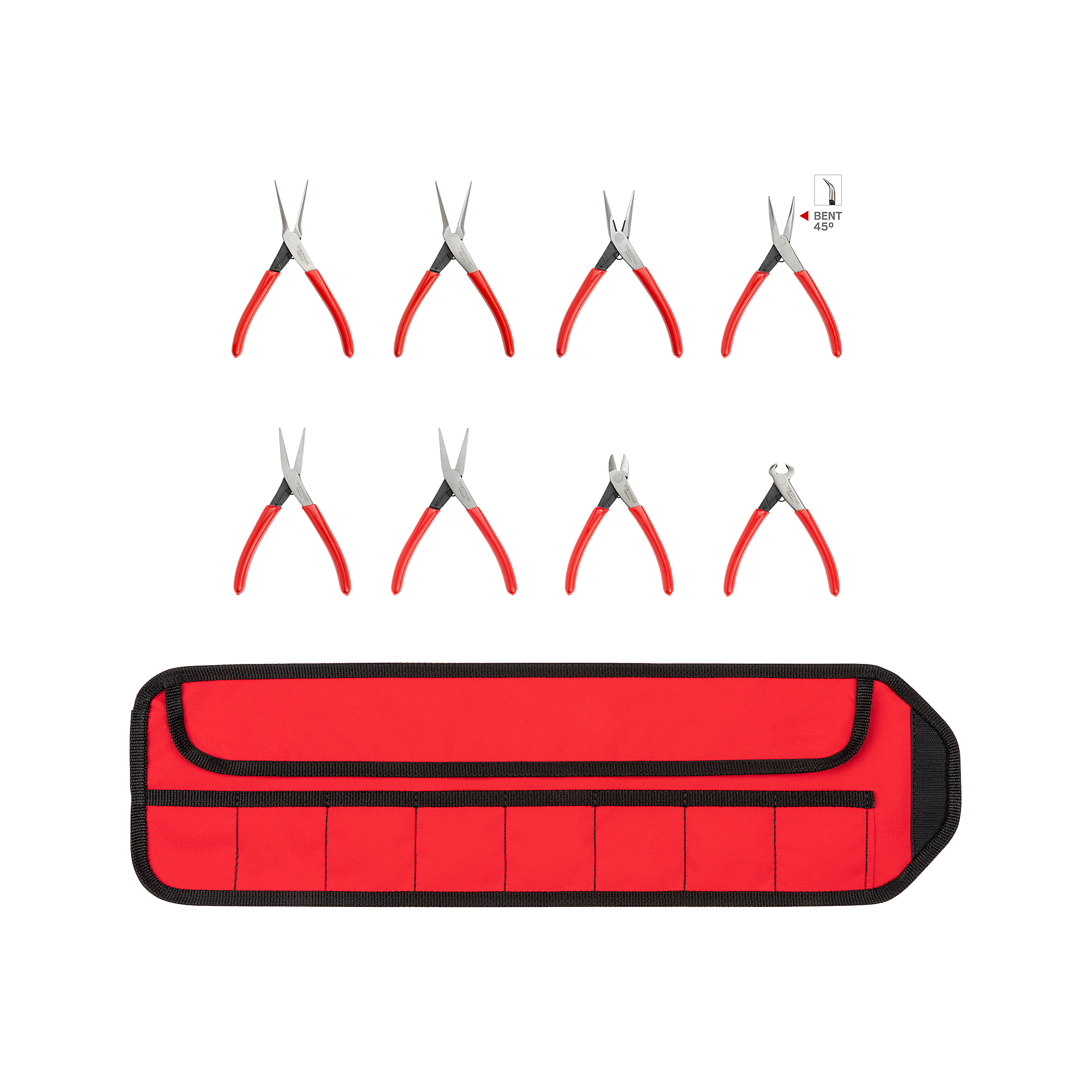 TEKTON Mini Pliers Set with Roll, 8-Piece (Needle Nose, Long Nose, Flat Nose, Cutting) | PMN99910